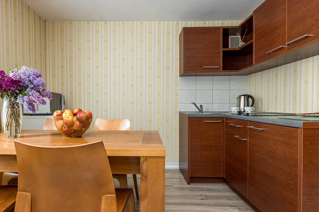 Apartamentų virtuvėlė su kaitlente, virduliu ir pietų stalu